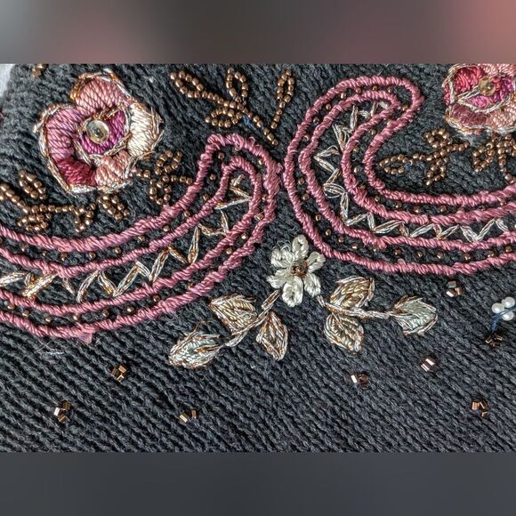 Black Embroidered Beaded Embellished Sweater Ramie Cotton L - Picture 9 of 13